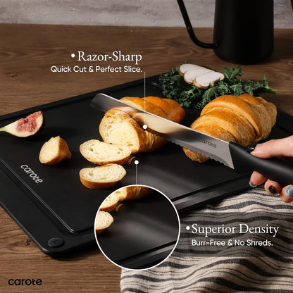 Knife Set, 11 Pcs Kitchen Knives with 5 Blade Guards & Non-Slip Cutting Board, Rustproof Stainless Steel 5 Kitchen Knife Set, Plain Black