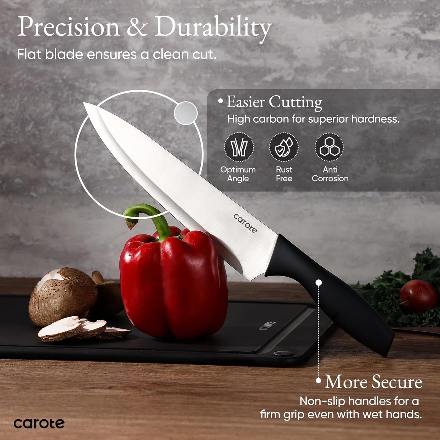 Knife Set, 11 Pcs Kitchen Knives with 5 Blade Guards & Non-Slip Cutting Board, Rustproof Stainless Steel 5 Kitchen Knife Set, Plain Black