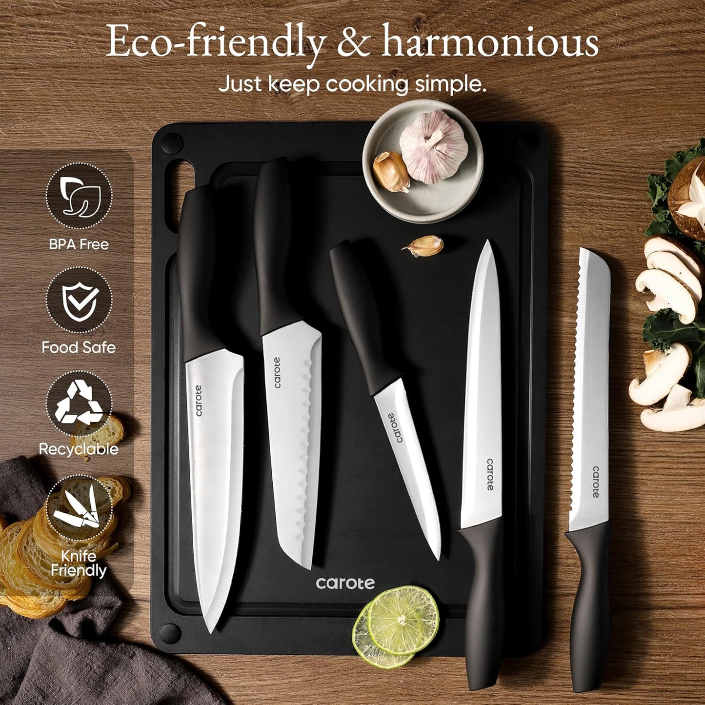 Knife Set, 11 Pcs Kitchen Knives with 5 Blade Guards & Non-Slip Cutting Board, Rustproof Stainless Steel 5 Kitchen Knife Set, Plain Black