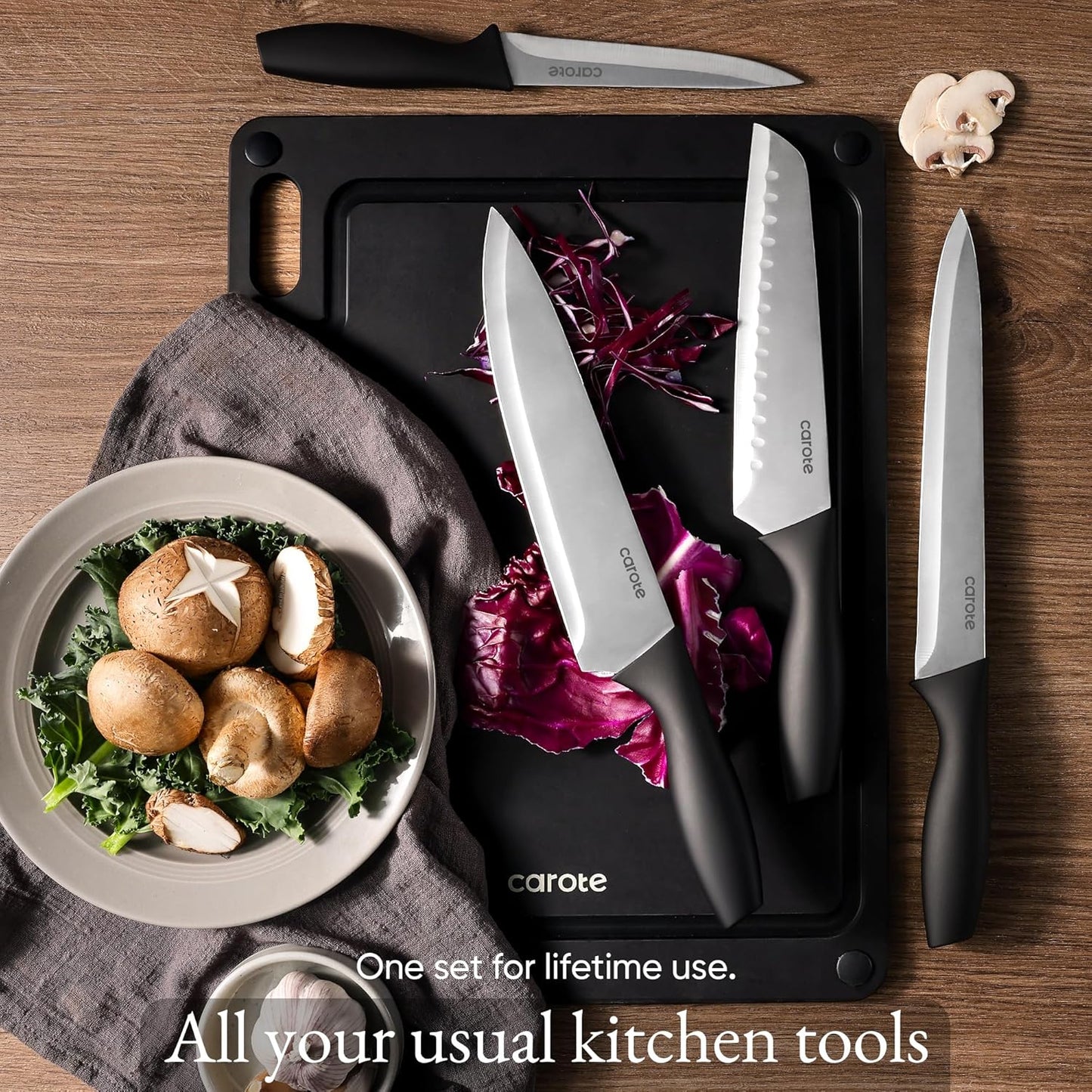 Knife Set, 11 Pcs Kitchen Knives with 5 Blade Guards & Non-Slip Cutting Board, Rustproof Stainless Steel 5 Kitchen Knife Set, Plain Black