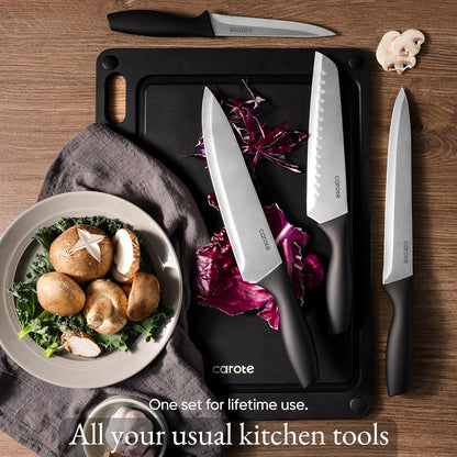 Knife Set, 11 Pcs Kitchen Knives with 5 Blade Guards & Non-Slip Cutting Board, Rustproof Stainless Steel 5 Kitchen Knife Set, Plain Black