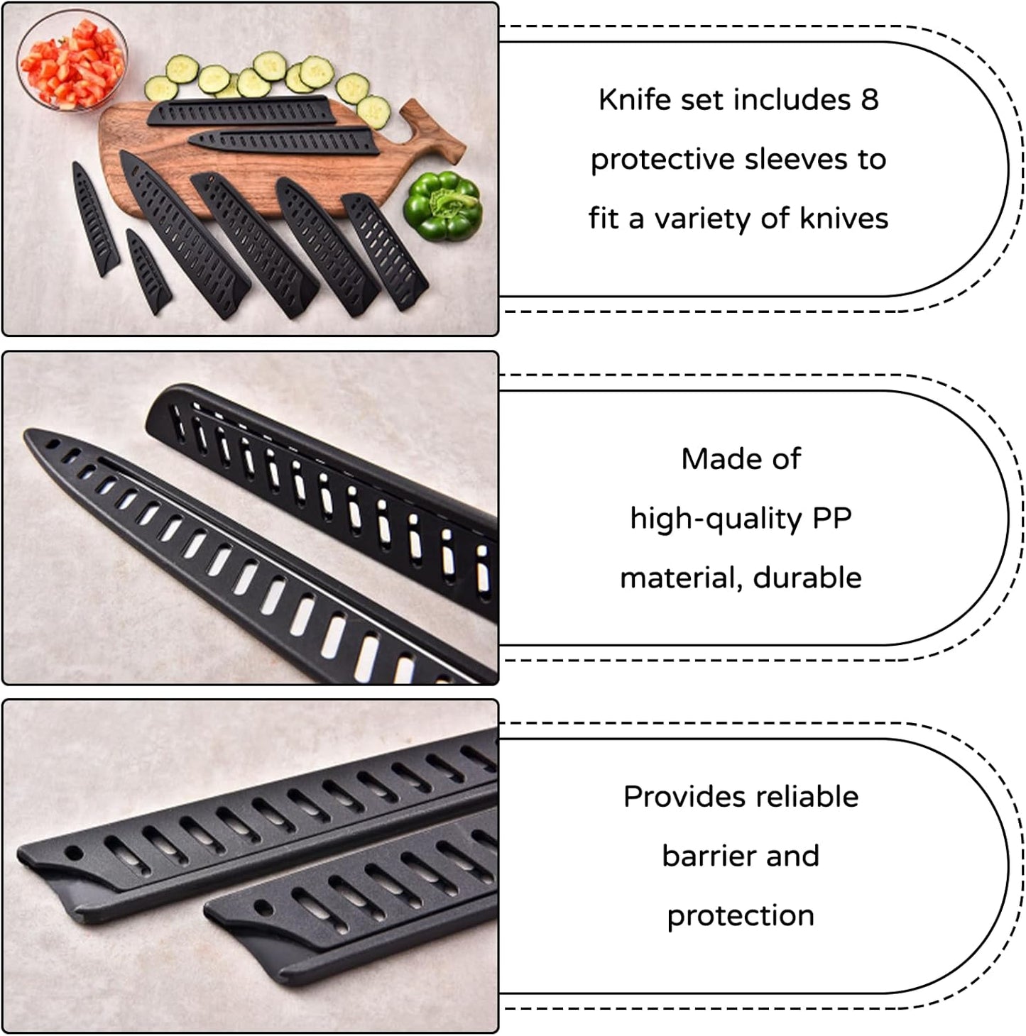 8 Pcs Universal Knife Guards Set,Knife Covers Or Sleeves,Knife Cover,Kitchen Knife Sheath,Kitchen Knife Sheath For Paring Utility Santoku Nakiri Cleaver Bread Carving Chef Knifes Black