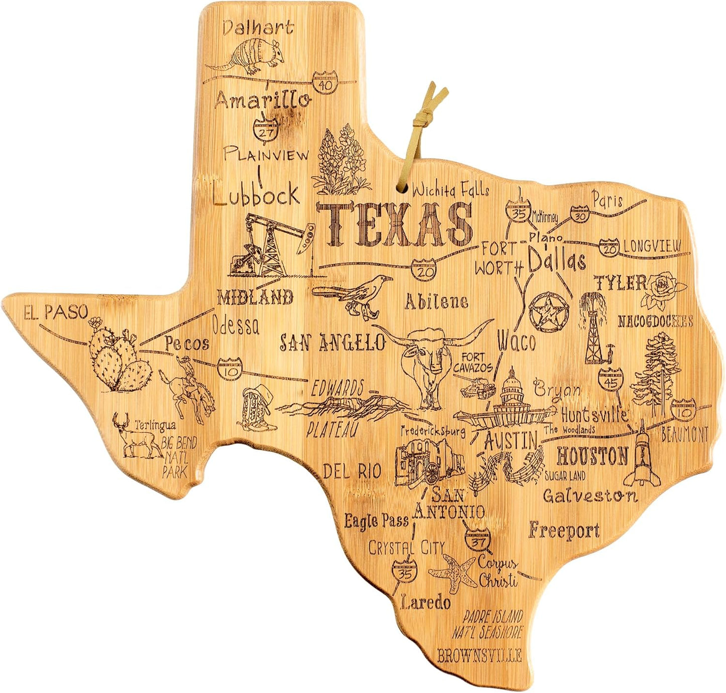 Destination Texas State Shaped Cutting Board | State charcuterie serving board with engraved map artwork. Smooth reverse side for food prep. Hang tie for wall display.