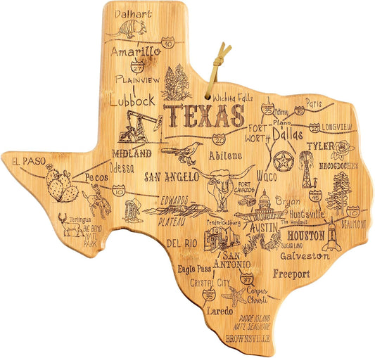 Destination Texas State Shaped Cutting Board | State charcuterie serving board with engraved map artwork. Smooth reverse side for food prep. Hang tie for wall display.