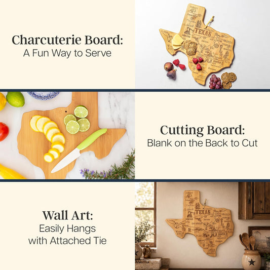 Destination Texas State Shaped Cutting Board | State charcuterie serving board with engraved map artwork. Smooth reverse side for food prep. Hang tie for wall display.