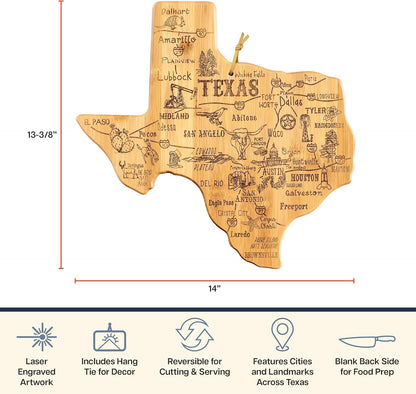 Destination Texas State Shaped Cutting Board | State charcuterie serving board with engraved map artwork. Smooth reverse side for food prep. Hang tie for wall display.