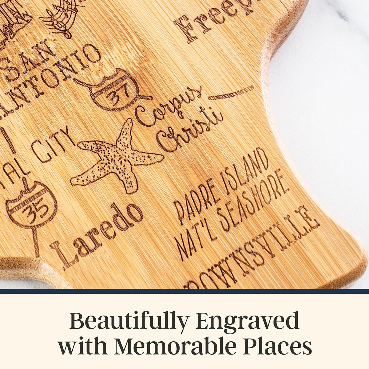Destination Texas State Shaped Cutting Board | State charcuterie serving board with engraved map artwork. Smooth reverse side for food prep. Hang tie for wall display.