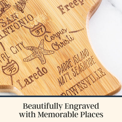 Destination Texas State Shaped Cutting Board | State charcuterie serving board with engraved map artwork. Smooth reverse side for food prep. Hang tie for wall display.