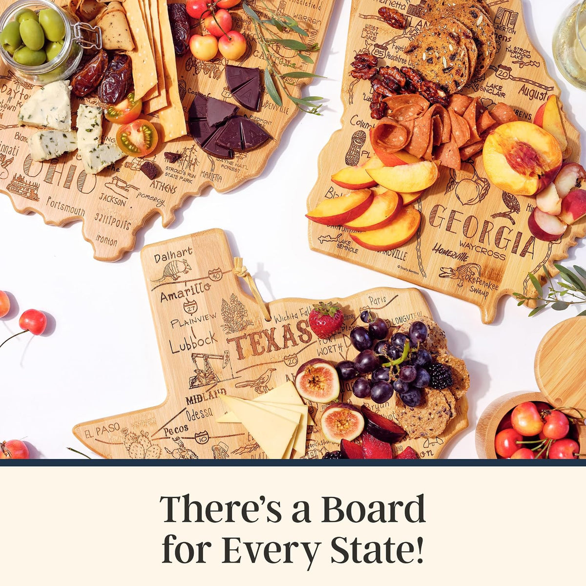 Destination Texas State Shaped Cutting Board | State charcuterie serving board with engraved map artwork. Smooth reverse side for food prep. Hang tie for wall display.