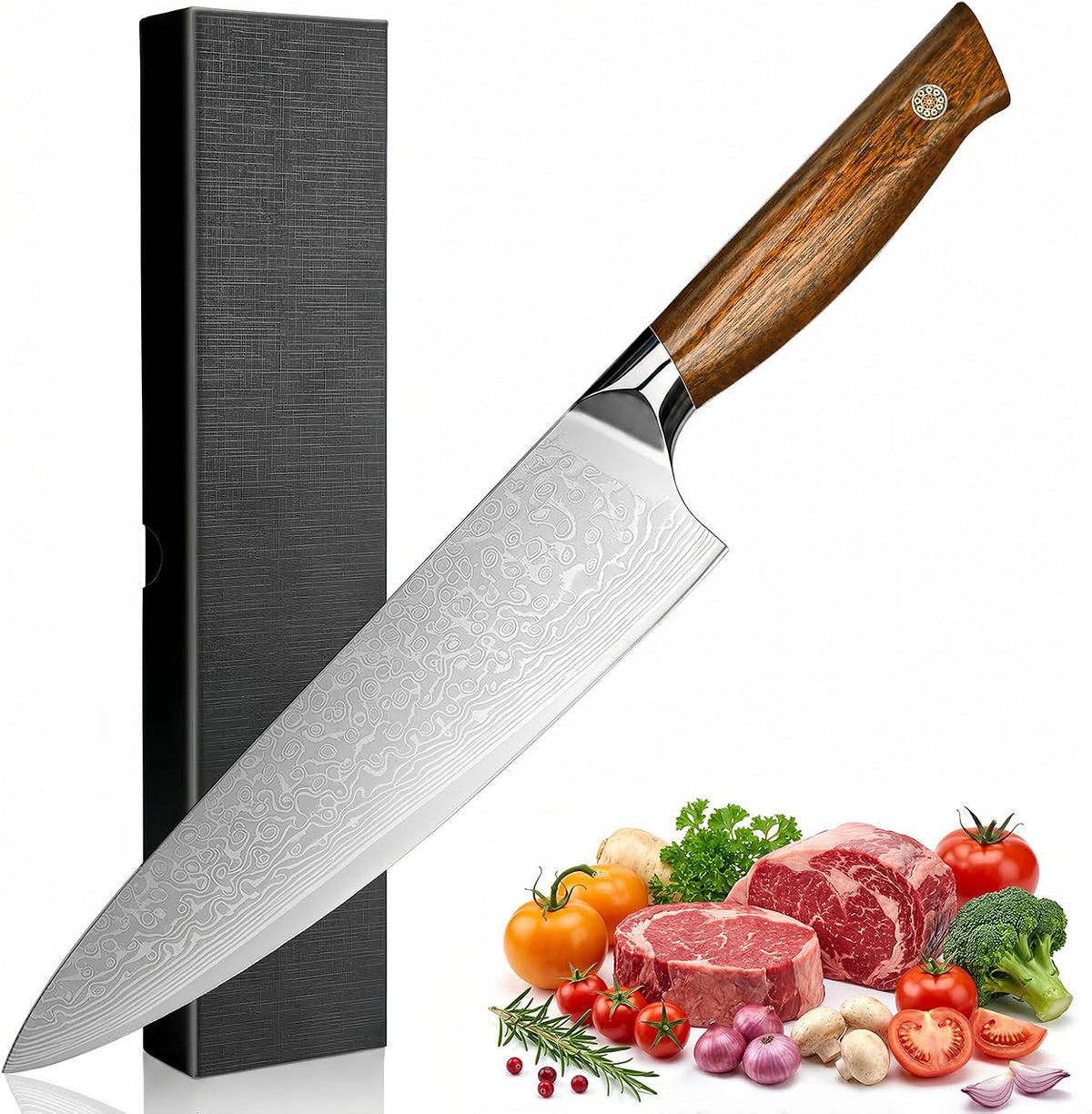 Japanese Chef Knife, 8 Inch Hand Forged Razor Sharp VG10 | 67-Layer Damascus for Effortless Meat & Veggie Slicing, Rosewood Handle Full Tang Gyuto Knife, Gifts for Men & Women