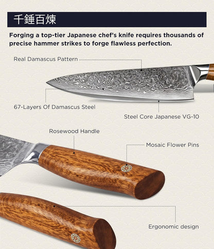 Japanese Chef Knife, 8 Inch Hand Forged Razor Sharp VG10 | 67-Layer Damascus for Effortless Meat & Veggie Slicing, Rosewood Handle Full Tang Gyuto Knife, Gifts for Men & Women