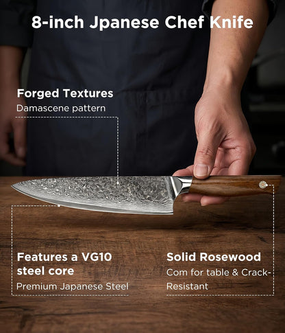 Japanese Chef Knife, 8 Inch Hand Forged Razor Sharp VG10 | 67-Layer Damascus for Effortless Meat & Veggie Slicing, Rosewood Handle Full Tang Gyuto Knife, Gifts for Men & Women