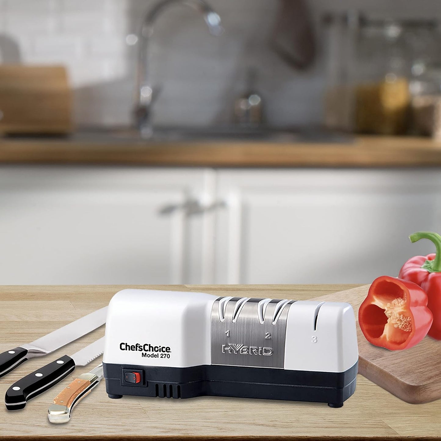 Hybrid Knife Sharpeners for 20-Degree Straight-Edge and Serrated Knives Combines Electric & Manual Sharpening With 100-Percent Diamond Abrasives And Precision Angle Guides, 2-Stage, White