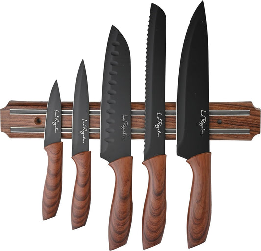 5 Piece Kitchen Knife Set with Magnetic Holder - Includes Chef, Bread, Santoku, Utility and Paring Knives