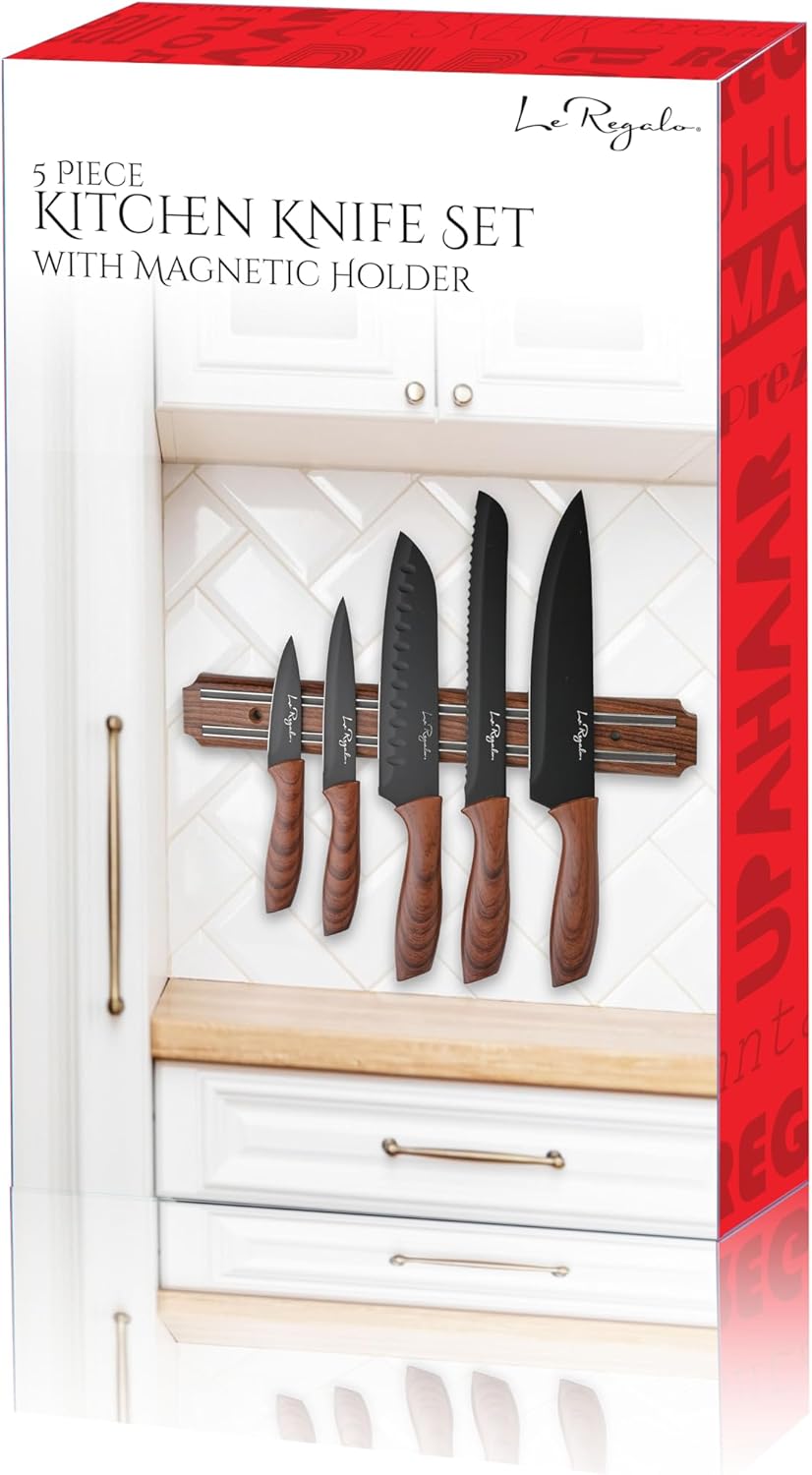 5 Piece Kitchen Knife Set with Magnetic Holder - Includes Chef, Bread, Santoku, Utility and Paring Knives
