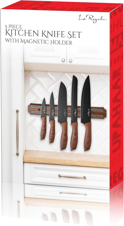 5 Piece Kitchen Knife Set with Magnetic Holder - Includes Chef, Bread, Santoku, Utility and Paring Knives