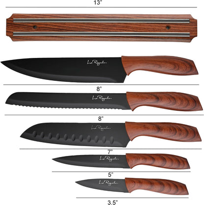 5 Piece Kitchen Knife Set with Magnetic Holder - Includes Chef, Bread, Santoku, Utility and Paring Knives