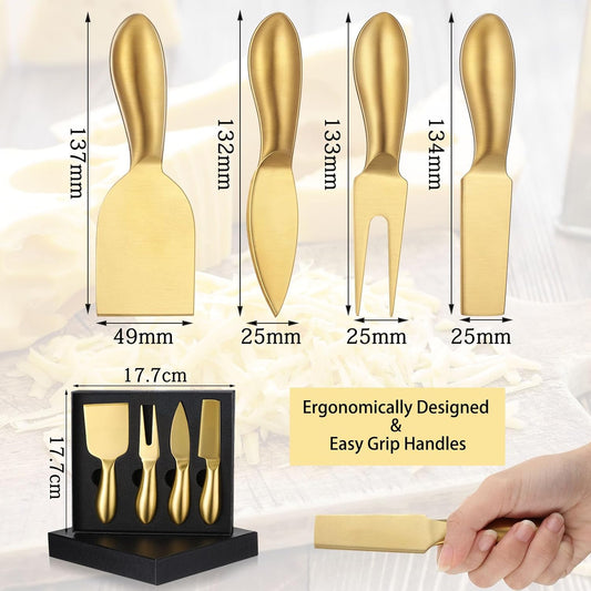 4 Pcs Gold Cheese Knives Set Stainless Steel Cheese Tools with Slicer and Cutters for Kitchen Board Knife Set for Kitchen Summer Christmas Accessories Housewarming Gift