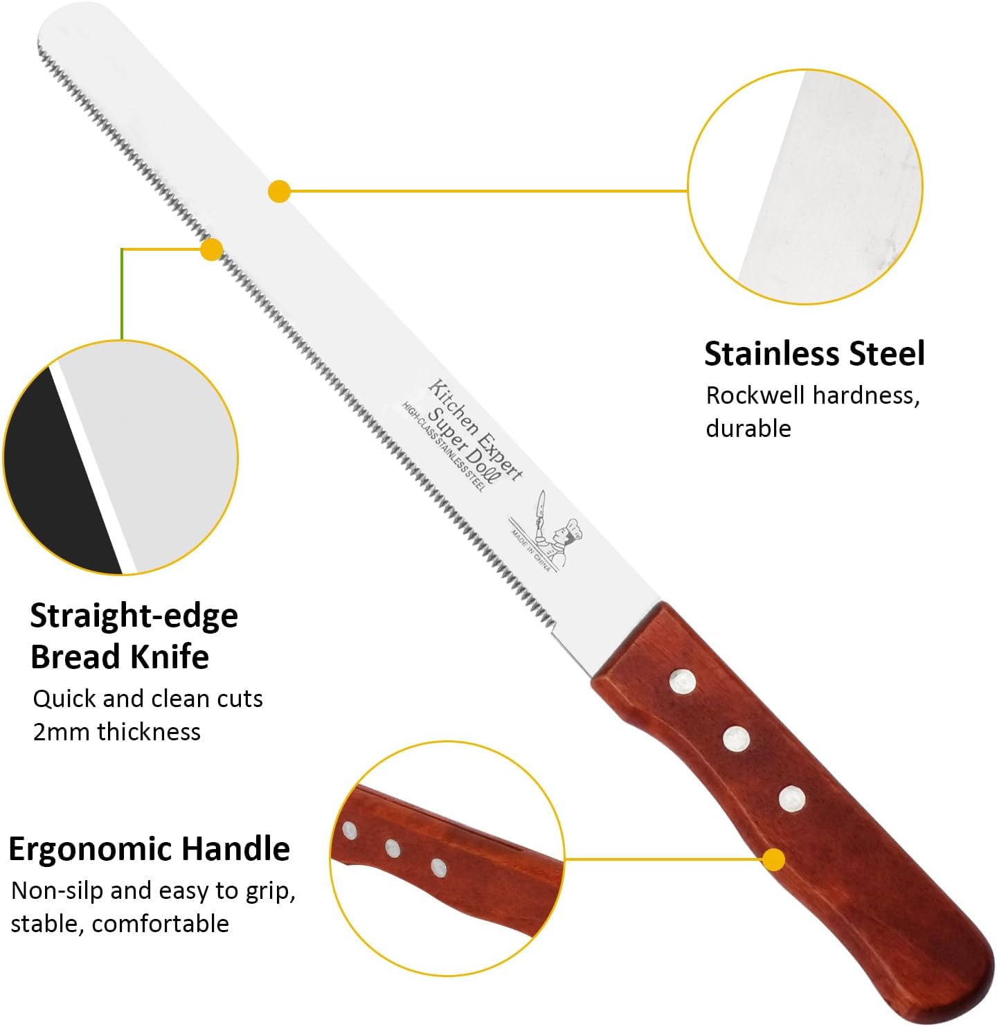 Bread Knife, Stainless Steel fine Serrated Bread Knife for Homemade Bread, Cakes & Bagels, 10 Inch Kitchens Knifes Saw Breads Cutter, Bagel Sourdough Slicer Knifes with Wooden Handle