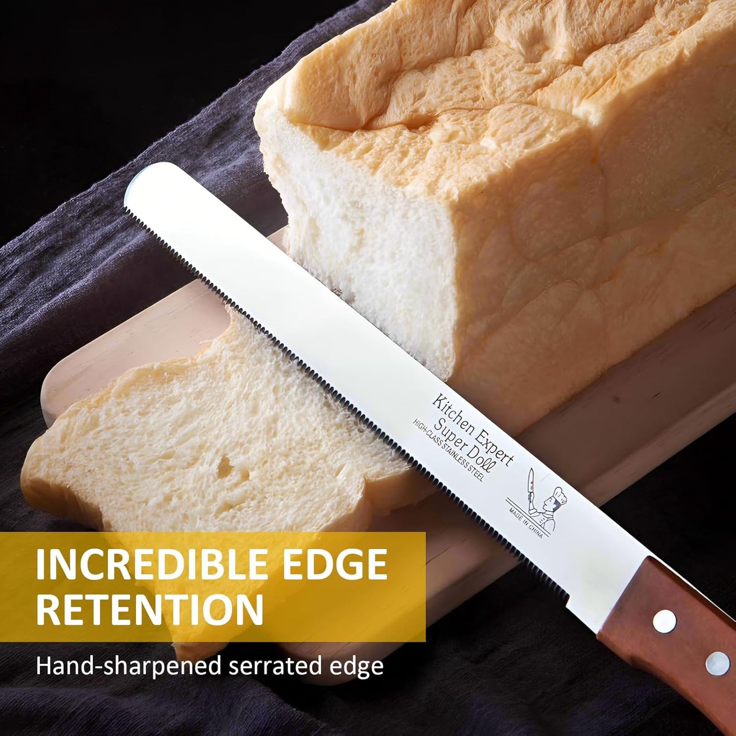 Bread Knife, Stainless Steel fine Serrated Bread Knife for Homemade Bread, Cakes & Bagels, 10 Inch Kitchens Knifes Saw Breads Cutter, Bagel Sourdough Slicer Knifes with Wooden Handle