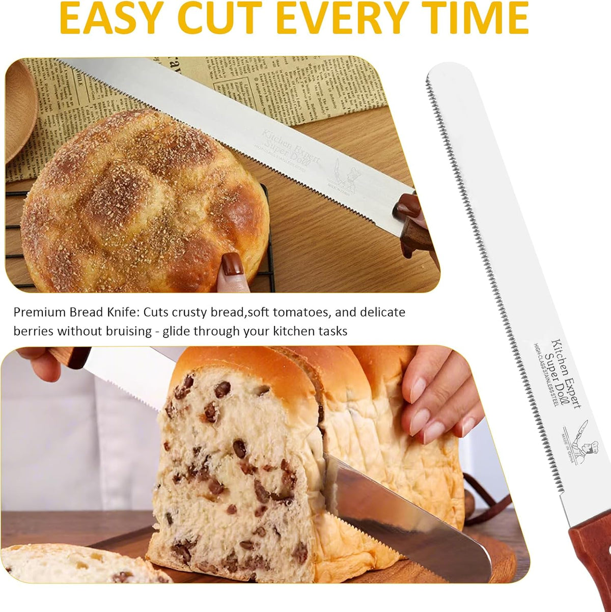 Bread Knife, Stainless Steel fine Serrated Bread Knife for Homemade Bread, Cakes & Bagels, 10 Inch Kitchens Knifes Saw Breads Cutter, Bagel Sourdough Slicer Knifes with Wooden Handle