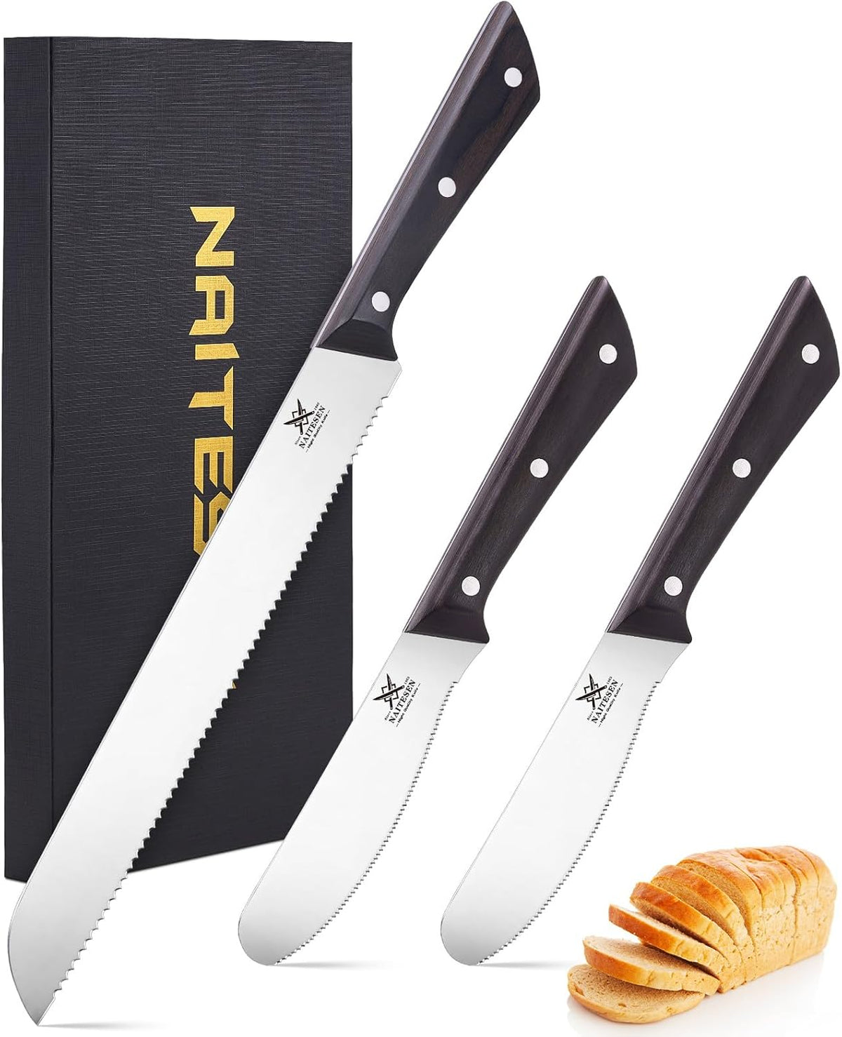 3PCS Serrated Bread Knife and Butter Knife Set | Razor Sharp, Homemade Bread Cutting with Butter Cheese Peanut Spreader for Baguette, Sourdough Bread, Bagels