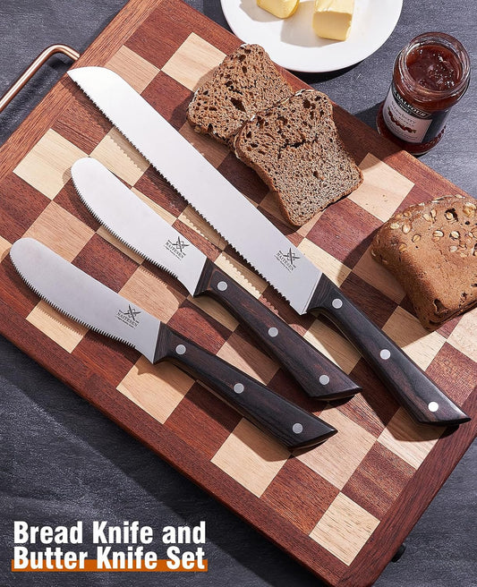 3PCS Serrated Bread Knife and Butter Knife Set | Razor Sharp, Homemade Bread Cutting with Butter Cheese Peanut Spreader for Baguette, Sourdough Bread, Bagels