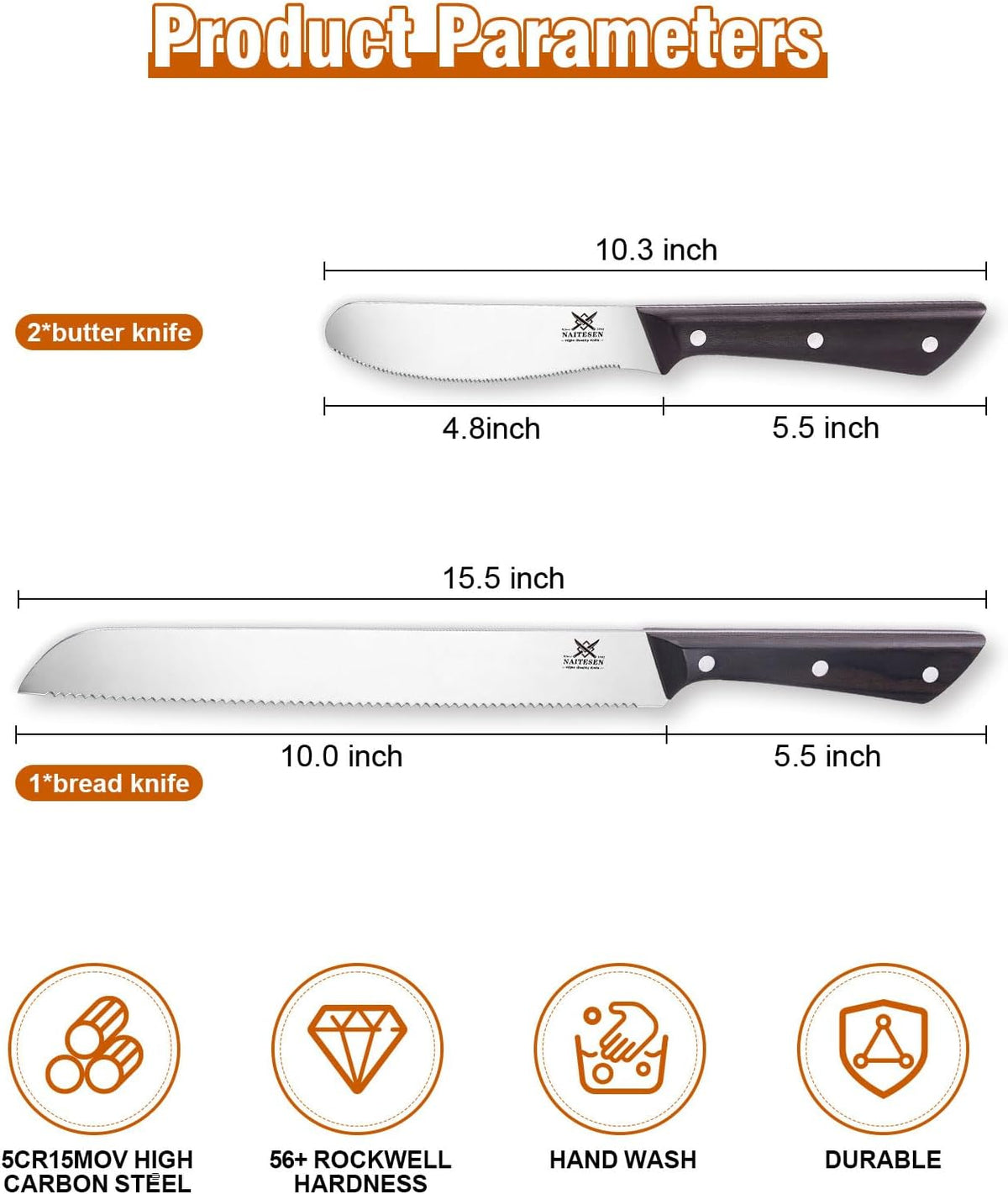 3PCS Serrated Bread Knife and Butter Knife Set | Razor Sharp, Homemade Bread Cutting with Butter Cheese Peanut Spreader for Baguette, Sourdough Bread, Bagels