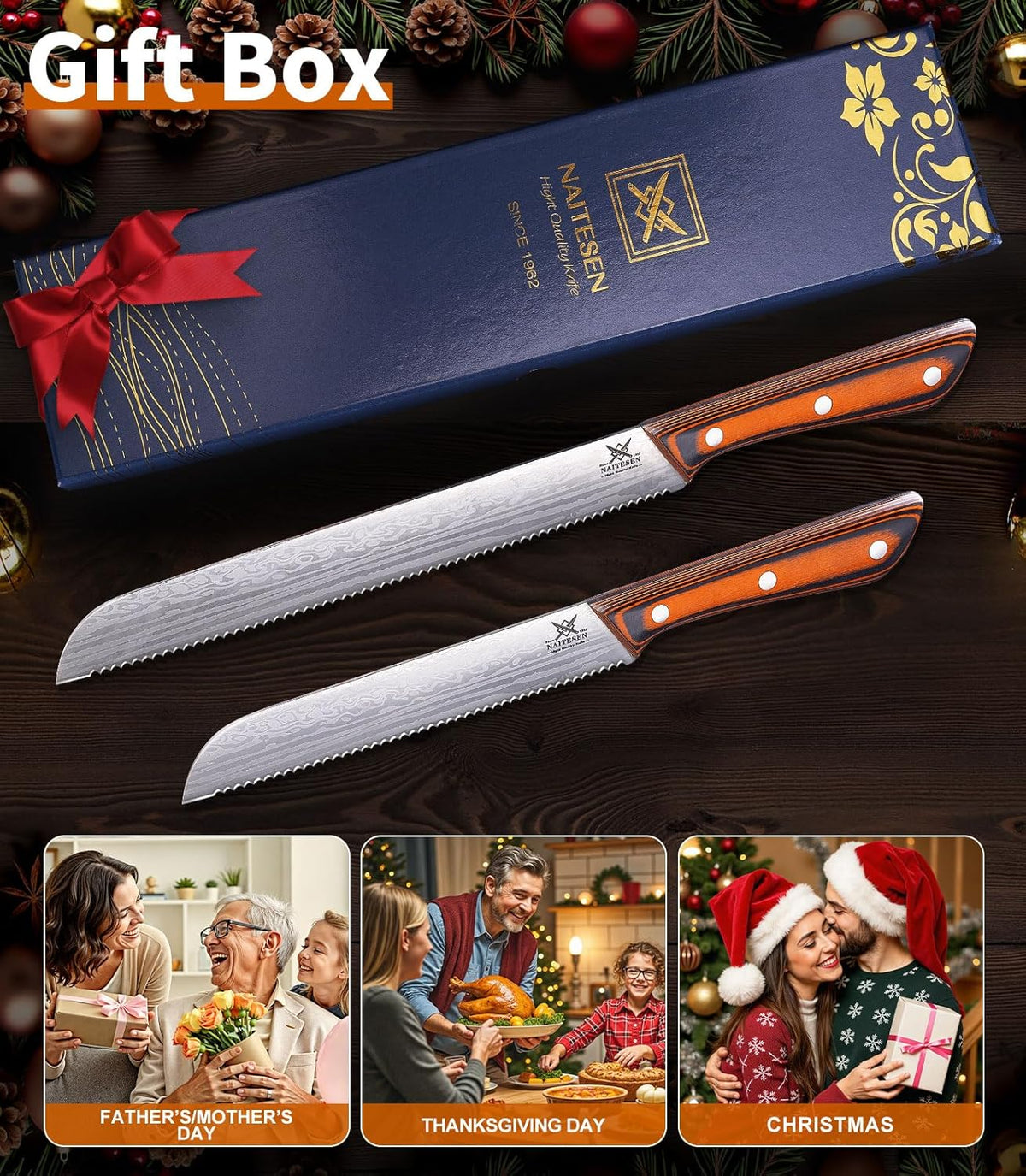3PCS Serrated Bread Knife and Butter Knife Set | Razor Sharp, Homemade Bread Cutting with Butter Cheese Peanut Spreader for Baguette, Sourdough Bread, Bagels