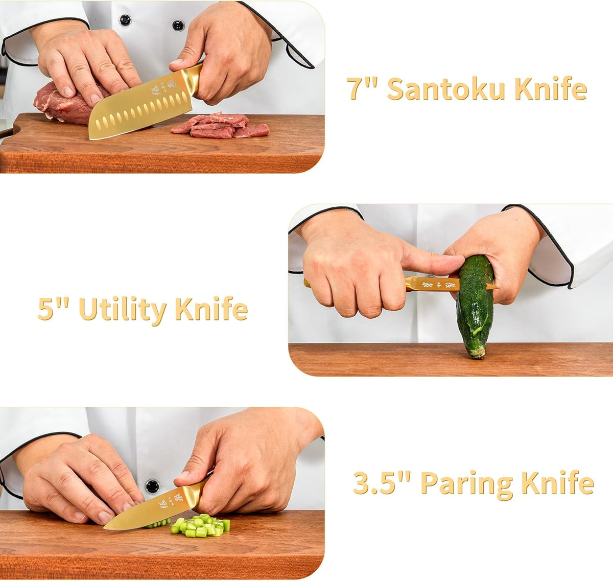 ZHANG XIAO QUAN Gold Knife Set with White Block, High Carbon Stainless Steel Sharp Blades, Built-in Sharpener Kitchen Knife Block Set for Home Cooking