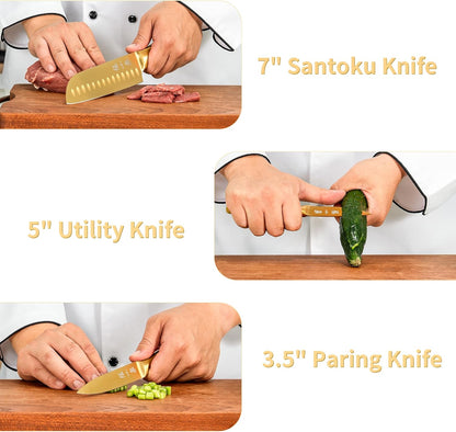 ZHANG XIAO QUAN Gold Knife Set with White Block, High Carbon Stainless Steel Sharp Blades, Built-in Sharpener Kitchen Knife Block Set for Home Cooking