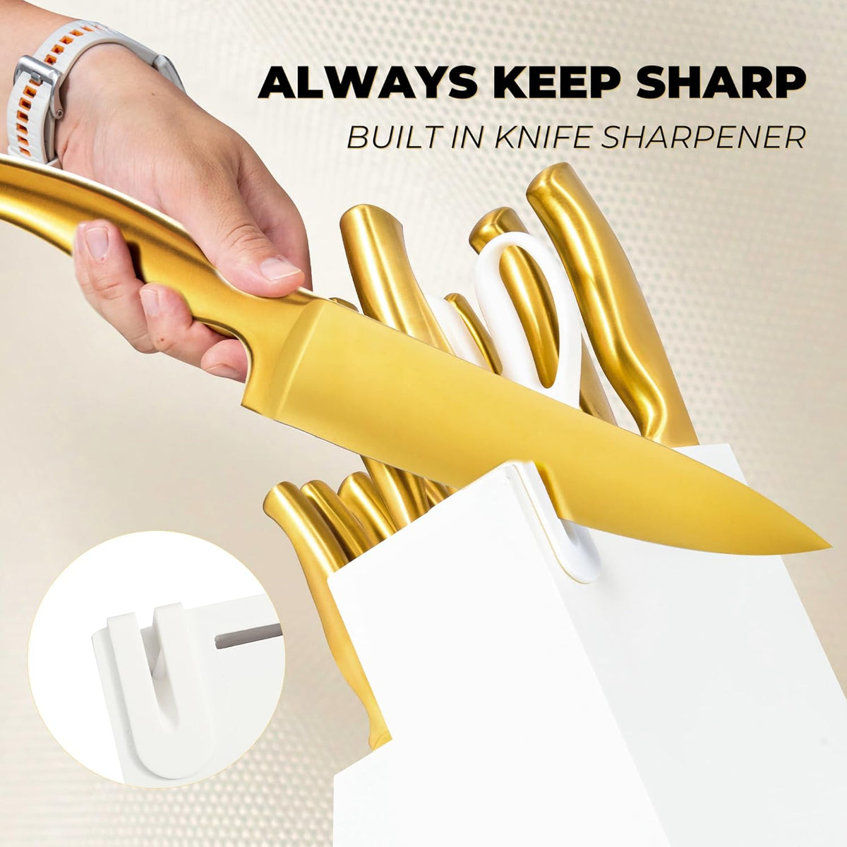 ZHANG XIAO QUAN Gold Knife Set with White Block, High Carbon Stainless Steel Sharp Blades, Built-in Sharpener Kitchen Knife Block Set for Home Cooking