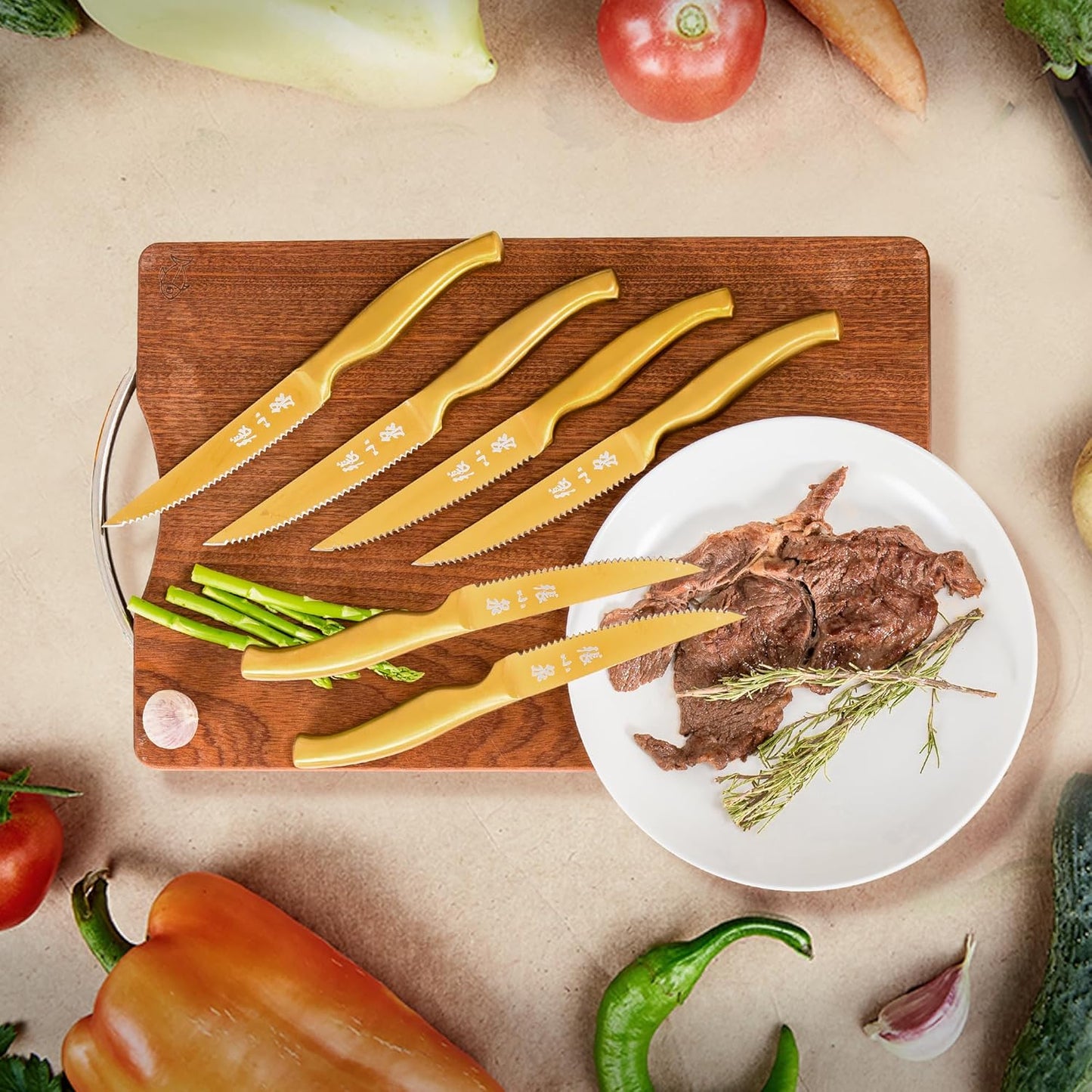 ZHANG XIAO QUAN Gold Knife Set with White Block, High Carbon Stainless Steel Sharp Blades, Built-in Sharpener Kitchen Knife Block Set for Home Cooking