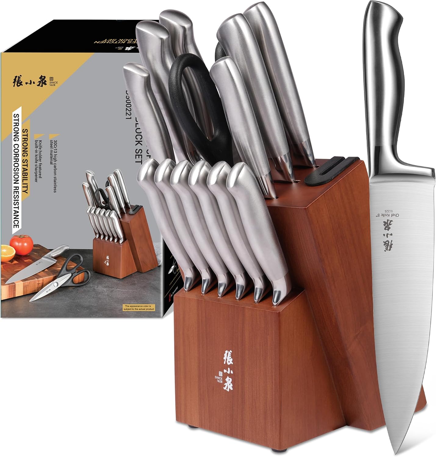 ZHANG XIAO QUAN Gold Knife Set with White Block, High Carbon Stainless Steel Sharp Blades, Built-in Sharpener Kitchen Knife Block Set for Home Cooking