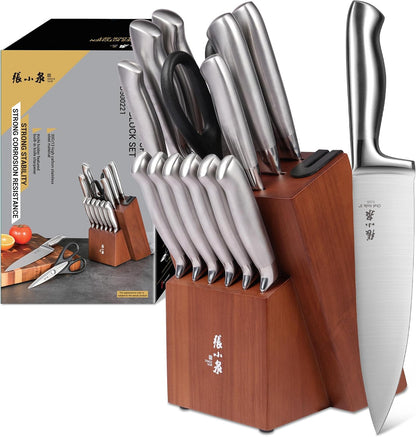 ZHANG XIAO QUAN Gold Knife Set with White Block, High Carbon Stainless Steel Sharp Blades, Built-in Sharpener Kitchen Knife Block Set for Home Cooking