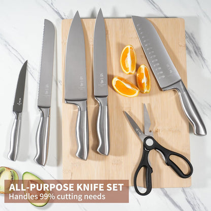 ZHANG XIAO QUAN Gold Knife Set with White Block, High Carbon Stainless Steel Sharp Blades, Built-in Sharpener Kitchen Knife Block Set for Home Cooking