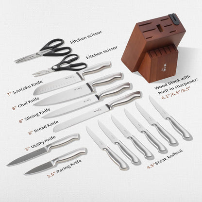 ZHANG XIAO QUAN Gold Knife Set with White Block, High Carbon Stainless Steel Sharp Blades, Built-in Sharpener Kitchen Knife Block Set for Home Cooking