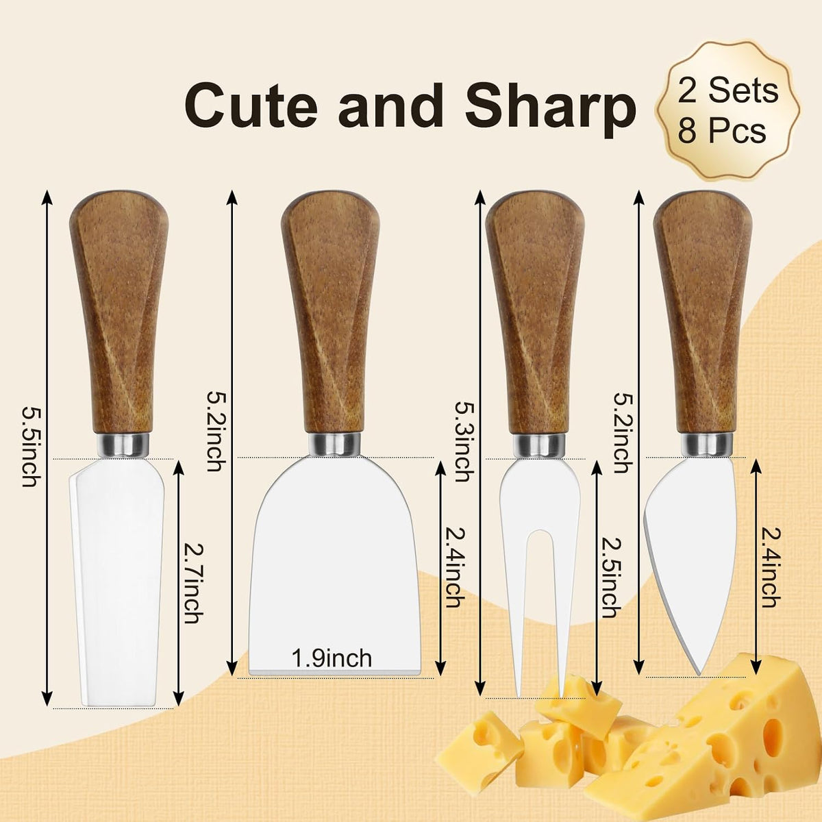 8 Pcs Cheese Knife Set, Cute Cheese Knives for Charcuterie Board, Stainless Steel Cheese Cutter with Wooden Handles, Dishwasher Safe, Hostess Gift Mother's Day, Weddings & Housewarming Parties