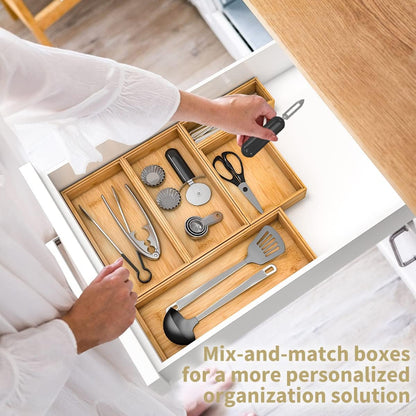 Bamboo Kitchen Drawer Organizer 12"x 6", Wooden Stackable Silverware Tray | Utensil Organizer Cutlery Holder for Kitchen, Wooden Storage Box for Bathroom, Multi-Use Storage Bins Dividers for Office