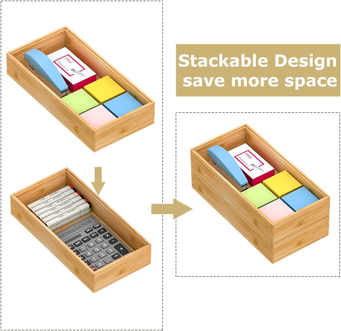 Bamboo Kitchen Drawer Organizer 12"x 6", Wooden Stackable Silverware Tray | Utensil Organizer Cutlery Holder for Kitchen, Wooden Storage Box for Bathroom, Multi-Use Storage Bins Dividers for Office