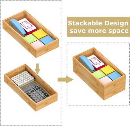 Bamboo Kitchen Drawer Organizer 12"x 6", Wooden Stackable Silverware Tray | Utensil Organizer Cutlery Holder for Kitchen, Wooden Storage Box for Bathroom, Multi-Use Storage Bins Dividers for Office