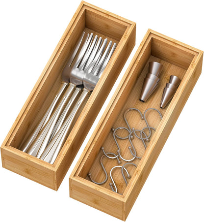 Bamboo Kitchen Drawer Organizer 12"x 6", Wooden Stackable Silverware Tray | Utensil Organizer Cutlery Holder for Kitchen, Wooden Storage Box for Bathroom, Multi-Use Storage Bins Dividers for Office