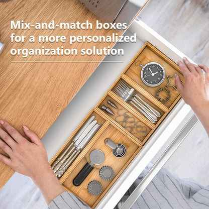 Bamboo Kitchen Drawer Organizer 12"x 6", Wooden Stackable Silverware Tray | Utensil Organizer Cutlery Holder for Kitchen, Wooden Storage Box for Bathroom, Multi-Use Storage Bins Dividers for Office