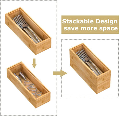 Bamboo Kitchen Drawer Organizer 12"x 6", Wooden Stackable Silverware Tray | Utensil Organizer Cutlery Holder for Kitchen, Wooden Storage Box for Bathroom, Multi-Use Storage Bins Dividers for Office