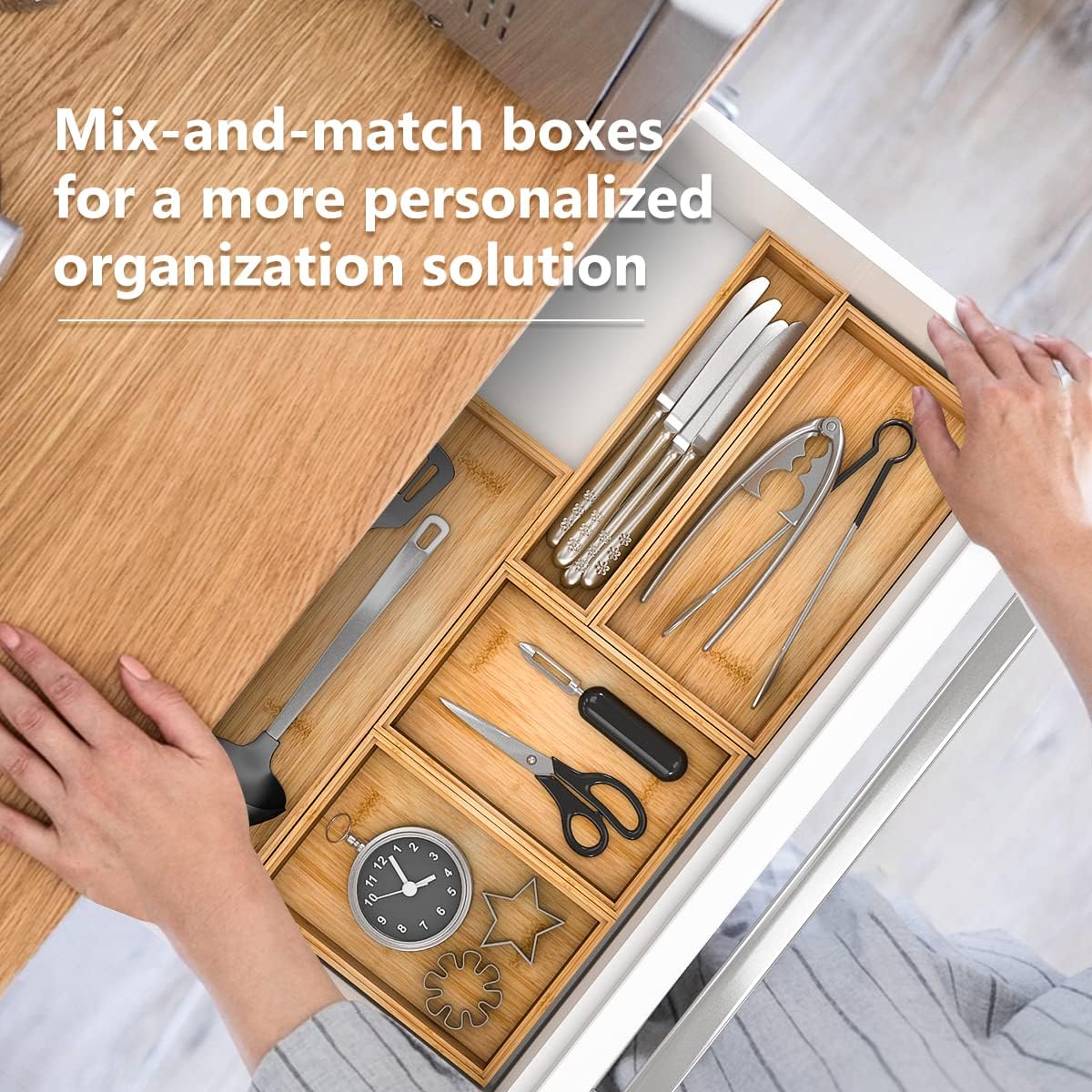 Bamboo Kitchen Drawer Organizer 12"x 6", Wooden Stackable Silverware Tray | Utensil Organizer Cutlery Holder for Kitchen, Wooden Storage Box for Bathroom, Multi-Use Storage Bins Dividers for Office
