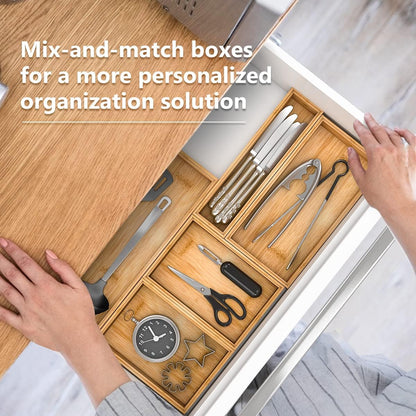 Bamboo Kitchen Drawer Organizer 12"x 6", Wooden Stackable Silverware Tray | Utensil Organizer Cutlery Holder for Kitchen, Wooden Storage Box for Bathroom, Multi-Use Storage Bins Dividers for Office