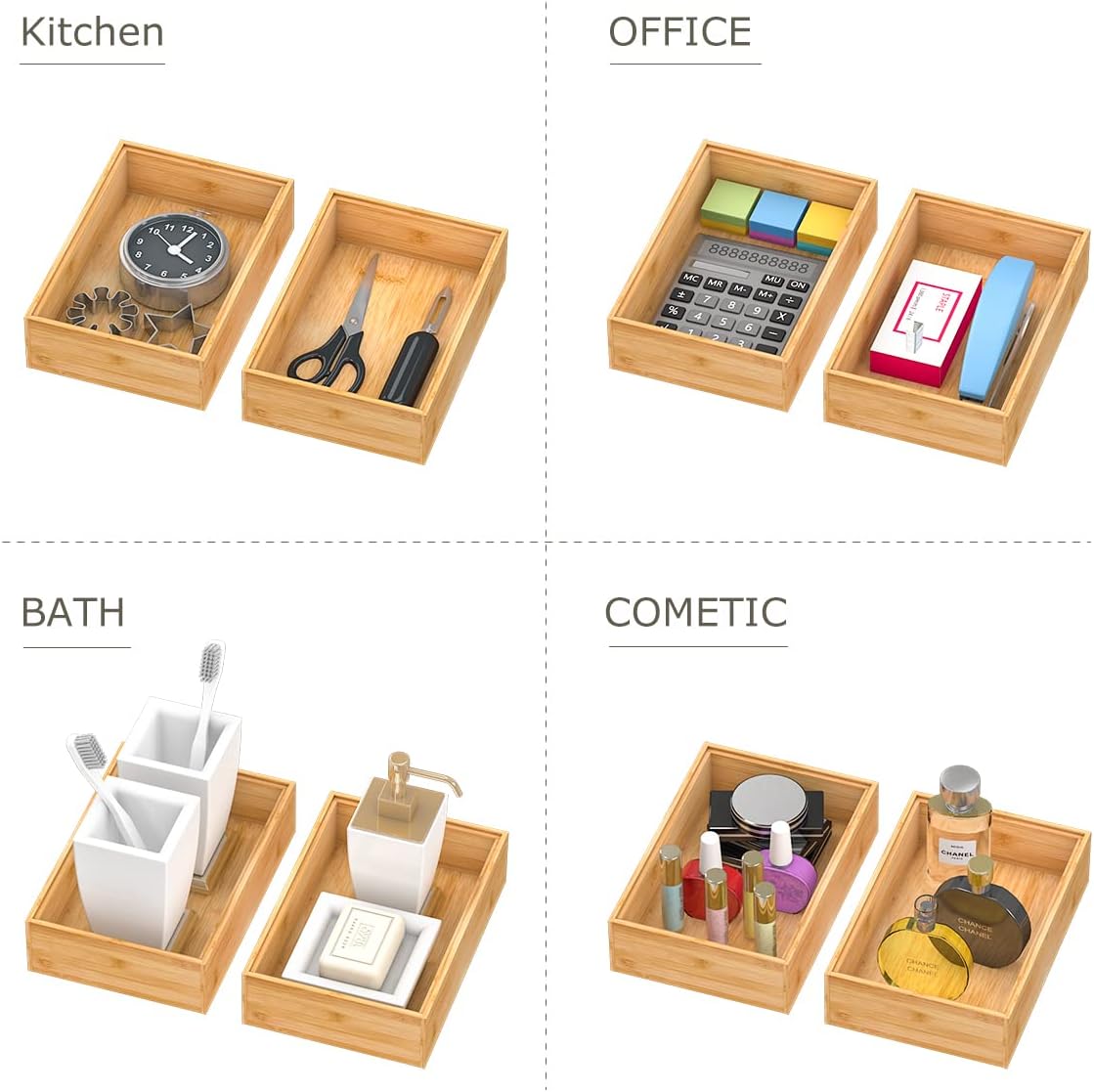 Bamboo Kitchen Drawer Organizer 12"x 6", Wooden Stackable Silverware Tray | Utensil Organizer Cutlery Holder for Kitchen, Wooden Storage Box for Bathroom, Multi-Use Storage Bins Dividers for Office
