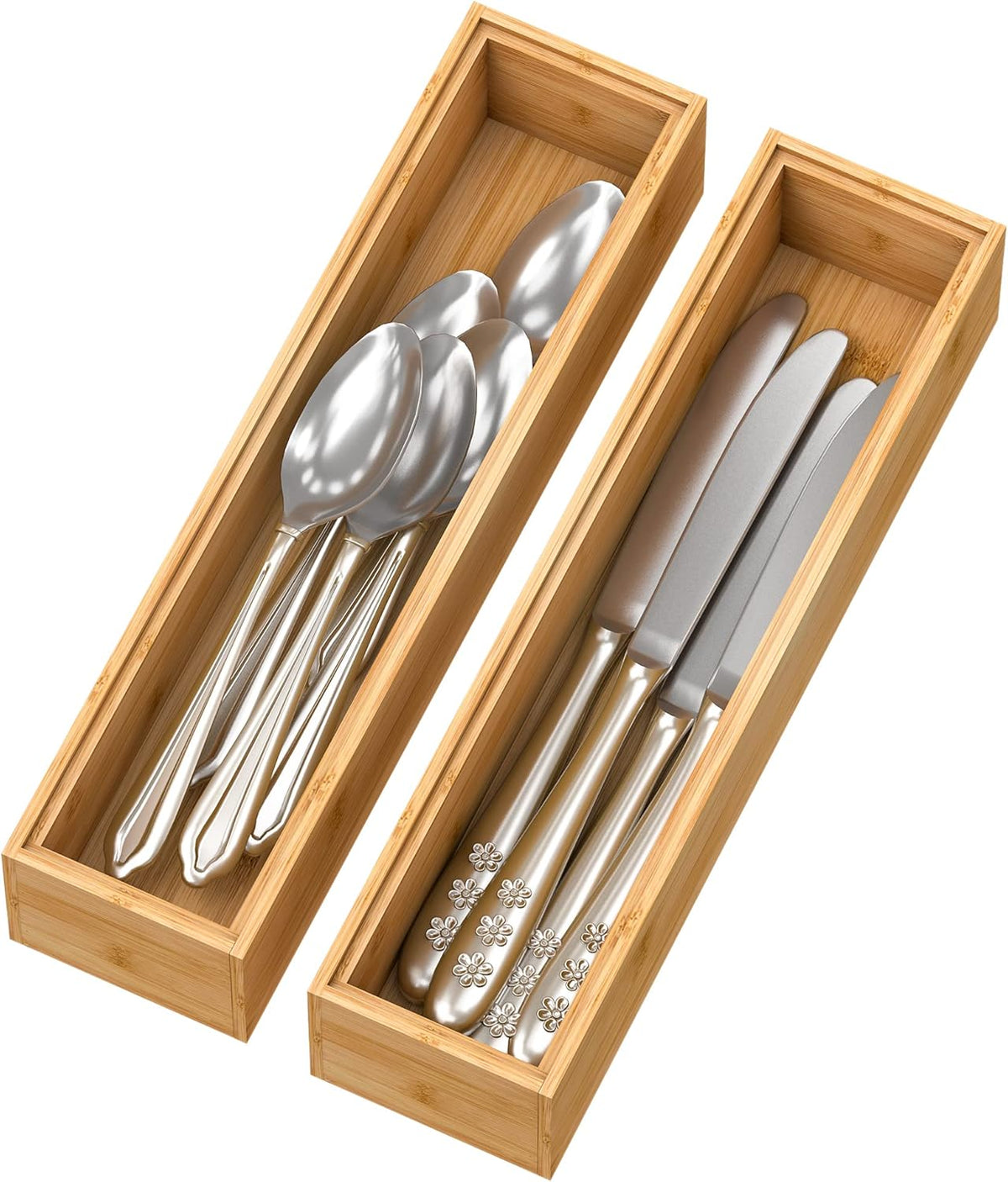 Bamboo Kitchen Drawer Organizer 12"x 6", Wooden Stackable Silverware Tray | Utensil Organizer Cutlery Holder for Kitchen, Wooden Storage Box for Bathroom, Multi-Use Storage Bins Dividers for Office