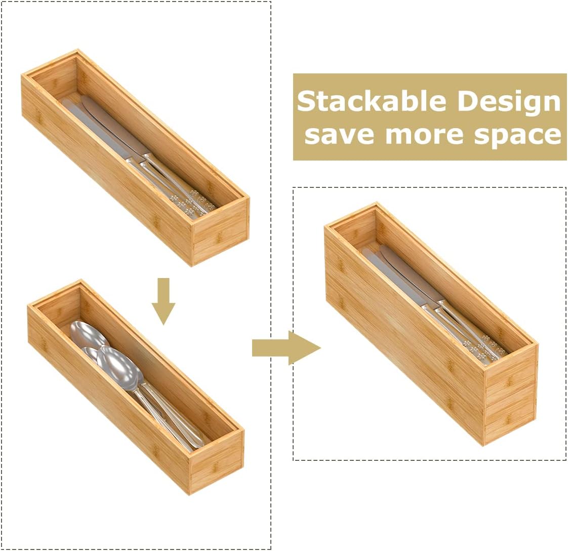 Bamboo Kitchen Drawer Organizer 12"x 6", Wooden Stackable Silverware Tray | Utensil Organizer Cutlery Holder for Kitchen, Wooden Storage Box for Bathroom, Multi-Use Storage Bins Dividers for Office