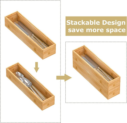 Bamboo Kitchen Drawer Organizer 12"x 6", Wooden Stackable Silverware Tray | Utensil Organizer Cutlery Holder for Kitchen, Wooden Storage Box for Bathroom, Multi-Use Storage Bins Dividers for Office